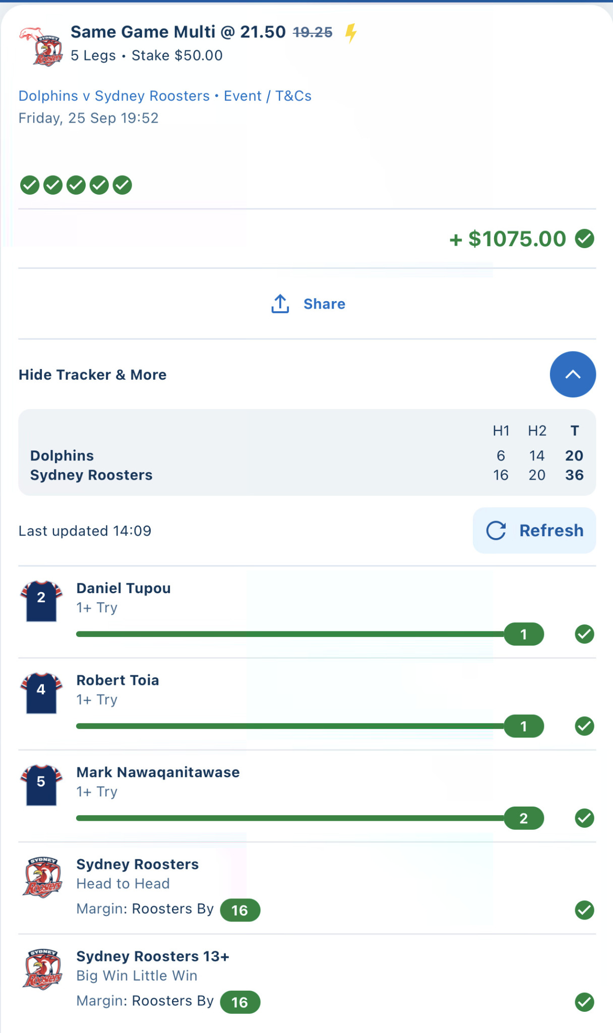 Historical winning Roosters betting slip screenshot