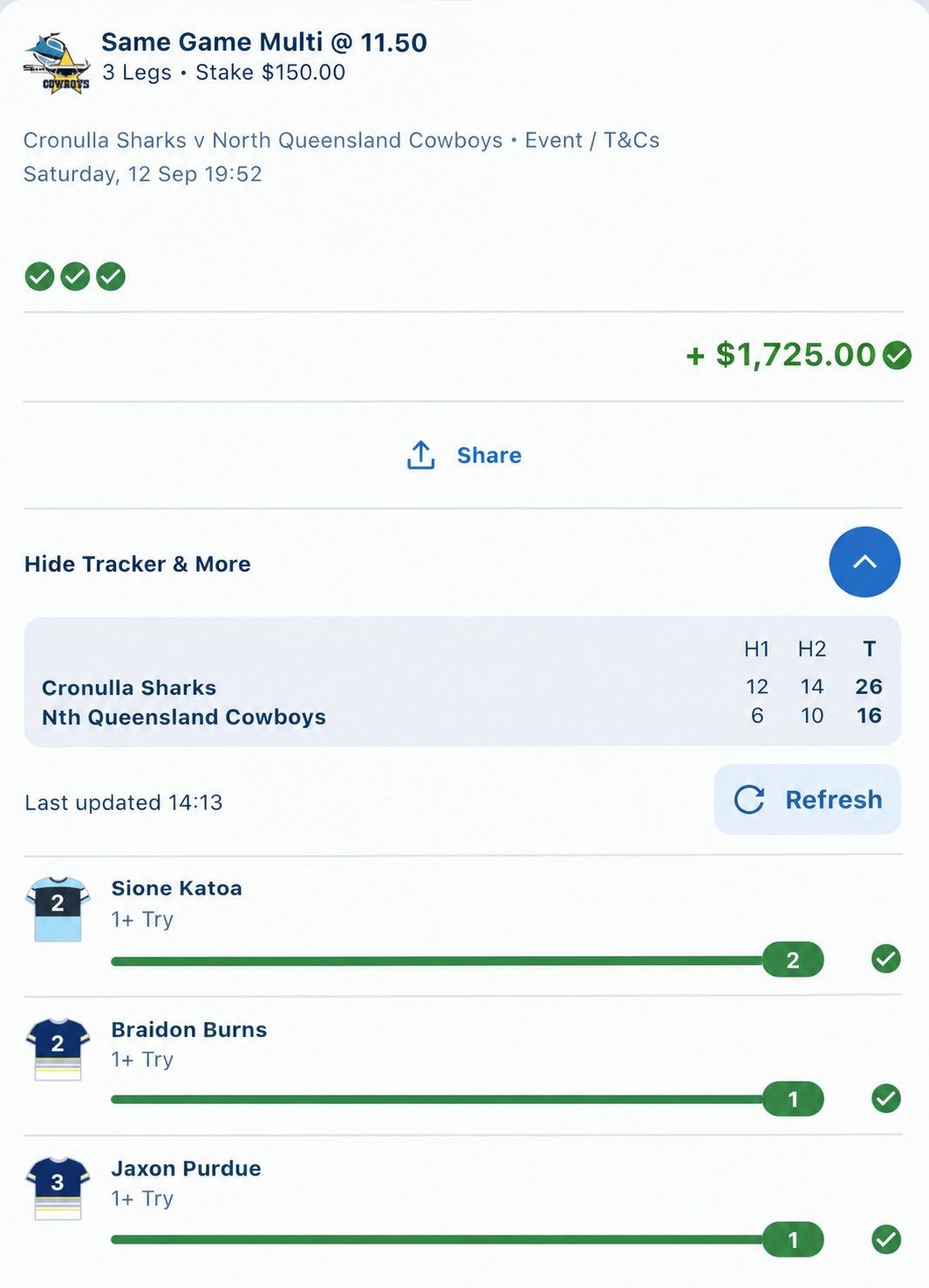 Historical winning multi screenshot showing odds 11.50