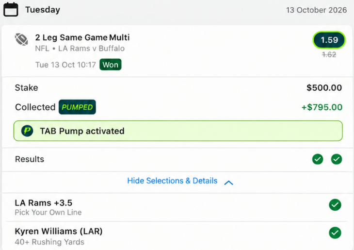 Historical NFL Rams and Kyren Williams two-leg same game multi screenshot