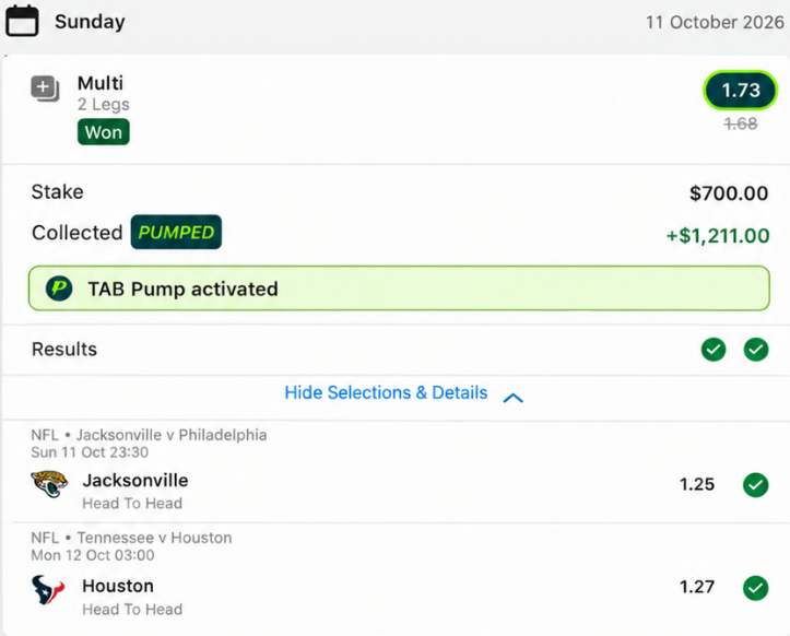 Historical two-leg multi result screenshot showing odds 1.73