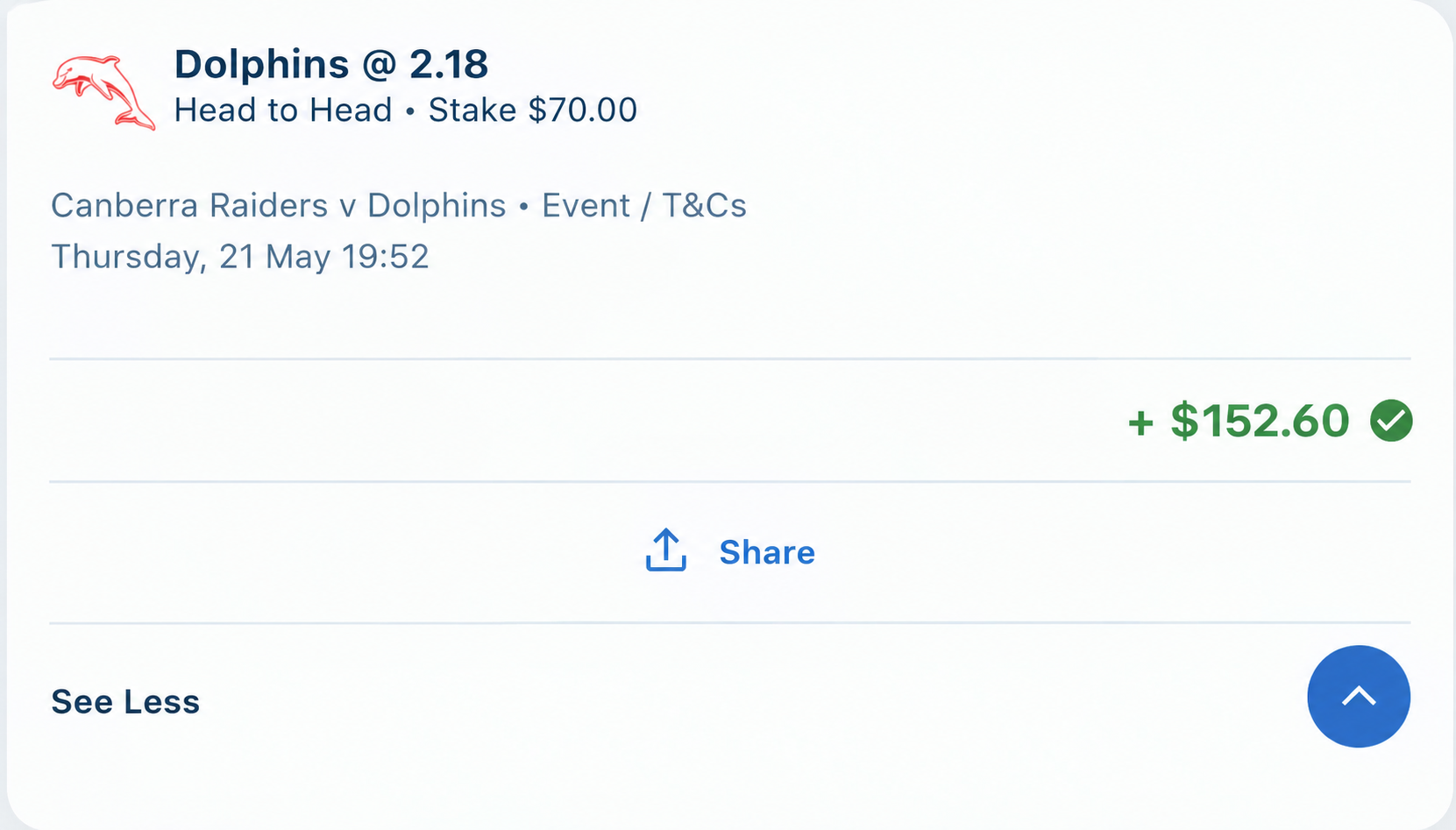 Historical Dolphins head-to-head result screenshot showing odds 2.18