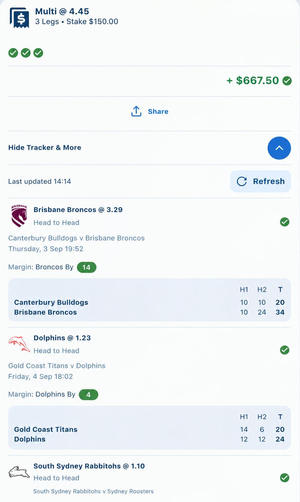 Historical multi result screenshot showing odds 4.45