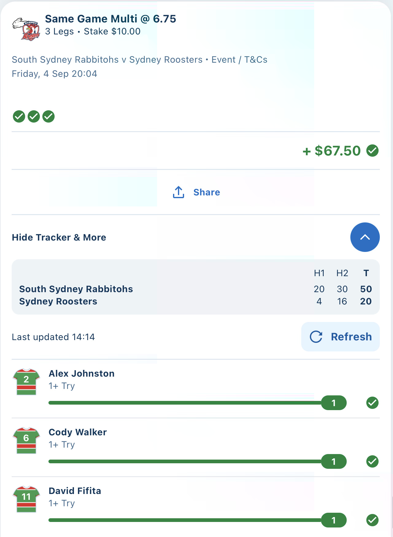 Historical Rabbitohs and Roosters three-leg multi screenshot